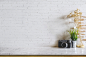 与老式相机和室内植物空白大理石顶部表在白色的砖墙
