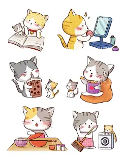 手绘可爱小猫咪读书奶茶打扫胶带  - 源文件下载【酷图网】小猫咪表情包,可爱,呆萌,贴纸,化妆,打扫,看书,吃零食