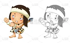 卡通素描场景与快乐的穴居人野蛮战士猎人渔夫插图