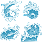 蓝色手绘国潮风水花海浪插画元素