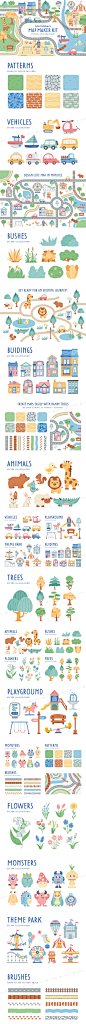 #儿童插画#
可爱儿童游乐场地图插画公园车辆动物花卉矢量图形素材包