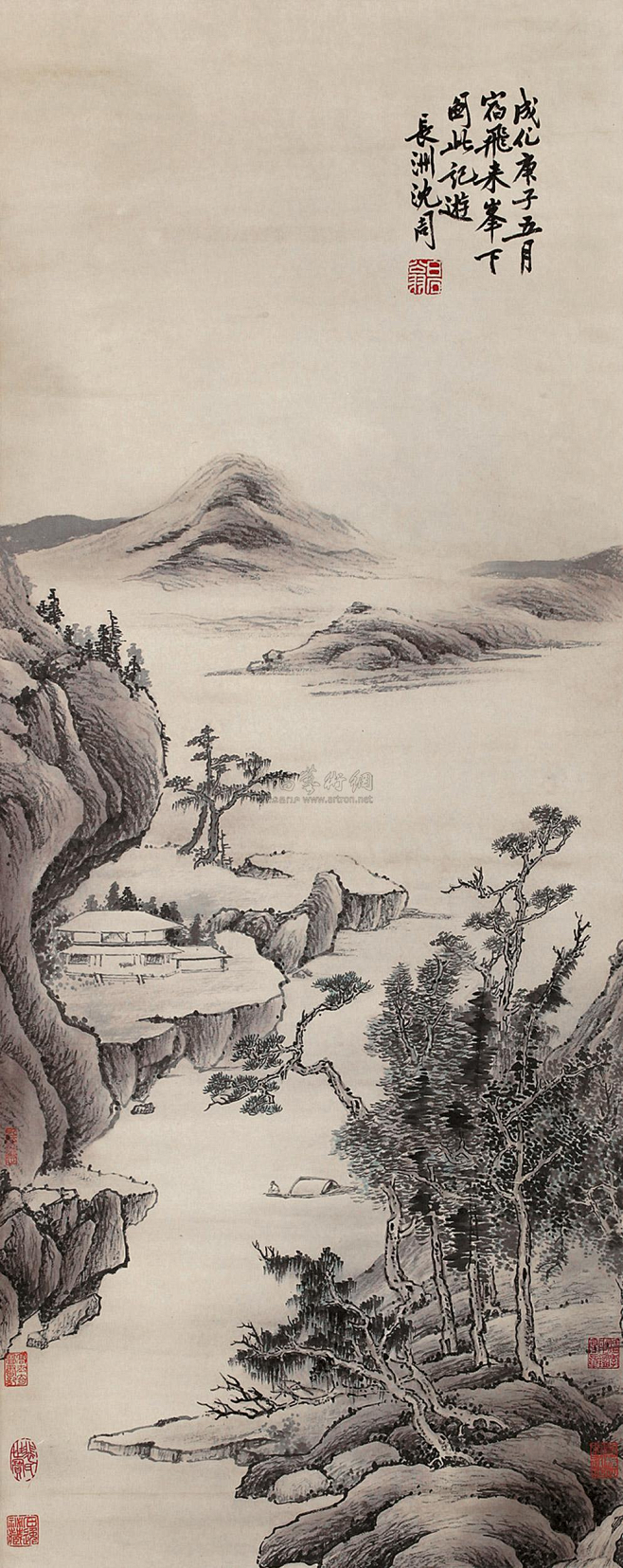 沈周——款《江亭独钓》【成化庚子五月宿飞来峰下图此记游】人物山水 立轴欣赏 | 明|沈周(1427～1509)字启南，号石田、白石翁、玉田生 ...