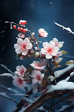 雪地花朵植物柿子素材图片