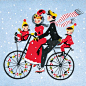 Vintage Christmas card - family on bicycle art/ was thinking would be nice as a window painting with elves n santa too