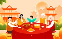 点击来源直接获取大图文件 |中秋节，一家人围坐在桌旁用餐，背景是月光下的建筑，矢量插画 