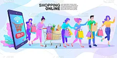 许多人使用网上购物服务。智能手机营销和电子商务。矢量插图。
