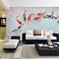 瓷意盛放的桃花，灵动的锦鲤，合客厅背景在温馨的高雅之上更显自我个性#墙面#