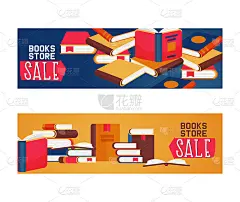 书店销售套条幅，海报矢量插图。一堆书，开着合着。知识，学习，教育。大脑的信号。学习文学。阅读的概念。