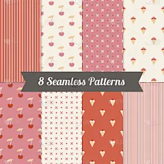 一套无缝图案与冰淇淋，樱桃，十字，条纹