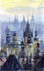 Yuriy Shevchuk; Watercolor, "Prague Towers"