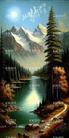 风景油画  - 源文件下载【酷图网】油画,风景,森林,山水,油画风景,雪山,树木,湖泊,高清壁纸,手机壁纸,