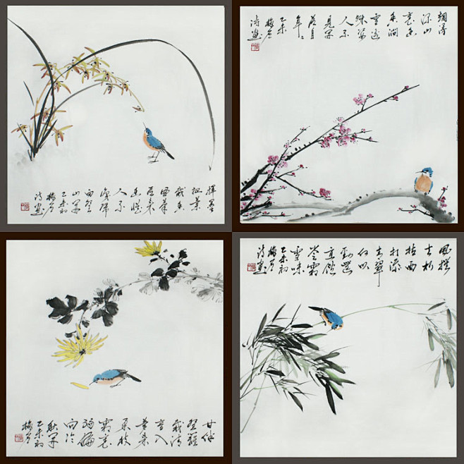 诗人画家梅石原创诗词禅意国画梅兰竹菊四联...