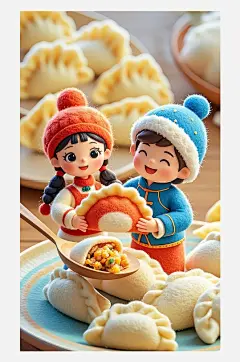 立冬海报设计羊毛毡3D卡通餐盘上