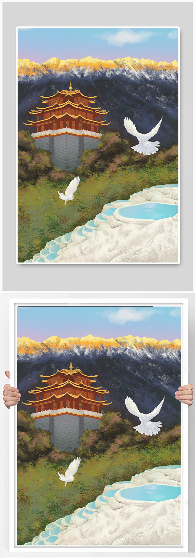 写实手绘香格里拉地标建筑插画众图网