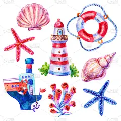 卡通水彩画水彩套救生圈，灯塔、 贝壳、 海星、 海藻、 船舶孤立在白色背景上的插图。多彩手绘复古插画