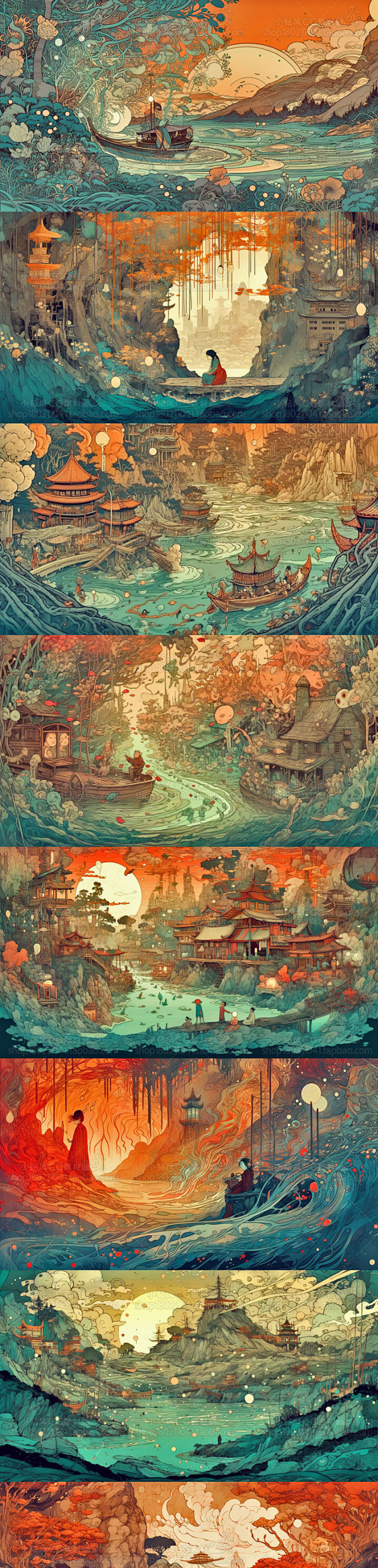 ai国风场景素材 唯美重彩古风场景背景设计游戏插画资源 临摹素材