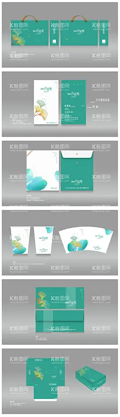 VI延展物料设计  - 源文件下载【酷图网】VI,房地产,物料,银杏叶,手提袋,名片,档案袋,纸杯,信封,抽纸盒,
