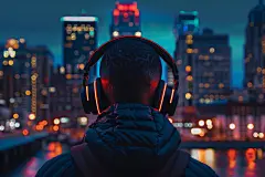 戴耳机的活力年轻人背影