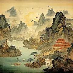 山水古诗词国画宋代风格海报