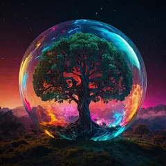 Ai产生的, 树, 水晶球, 丰富多彩的, 自然, 景观, 玻璃球体, 天堂