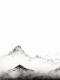 极简主义山水插图，水墨山脉由不同的线条组成黑白
