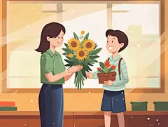 卡通手绘教师节插画教室里学生给老师献花插画海报感谢师恩教育温馨