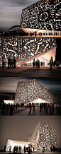The Polish Pavilion for the 2010 Shanghai Expo 2010 re-imagined traditional polish folk art paper cutouts as a dazzling CNC-cut plywood facade | WWAA Architects
