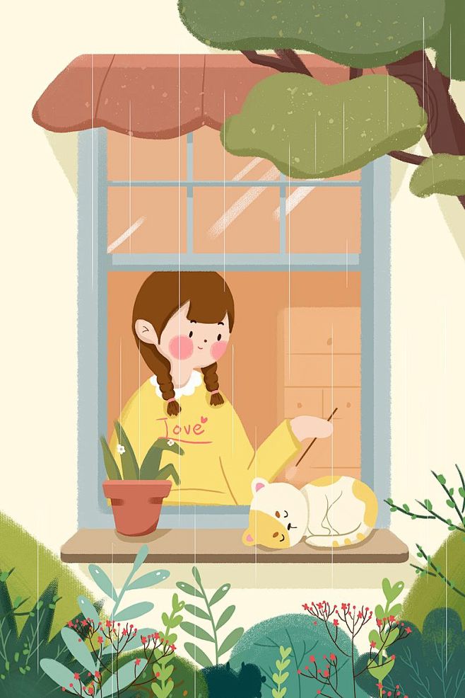 春雨女孩猫窗户绿色小清新插画