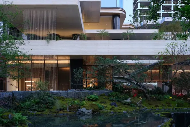 流水叠瀑是从建筑中有机生长出来的平台，将塔楼、架空层、大区景观、下沉庭院、会所空间有机融合。会所架空层层挑出与退让的设计手法，缓和了塔楼高耸界 ...