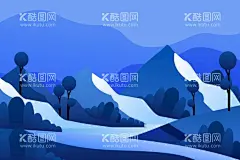 扁平风景装饰画  - 源文件下载【酷图网】扁平风,风景装饰画,月夜湖水海面,自然风光,山峰海底,月色,