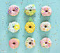 Aerial view of diverse donut - aerial, background, baked, bakery, blog, blogger, blue, colorful, delicious, dessert, diverse...