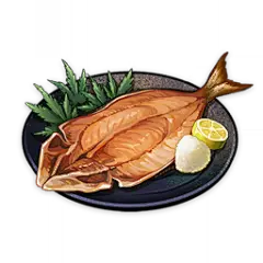 Dry-Braised Salted Fish : Dry-Braised Salted Fish (Japanese: 干物の網焼き Himono no Amiyaki, &quot;Grilled Dried Fish&quot;) is a food item that the player can cook. The recipe for Dry-Braised Salted Fish is obtainable from Ryouko in Ritou for 1250 Mora. Depend