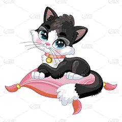 可爱的黑猫躺在枕头上.卡通角色。矢量孤立的例子。儿童设计。印刷和设计、海报、卡片、贴纸、装饰、童装、