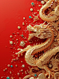 红色背景，纯金中国龙占据画面一角，点缀着中国新年元素，宝石错
