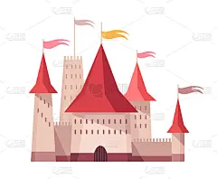中世纪王国的性格。中世纪历史时期的童话城堡。矢量建筑外观设计