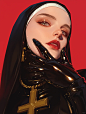 A beautiful nun with a cross on her lips against a red background, wearing a black latex outfit with gold details, in the style of David Uhl and Jeanloup Sieff, from a Vogue cover photo with a maximalist composition trending on Instagram. --ar 3:4