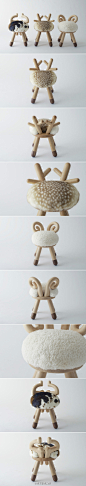 日本KAMINA & C工作室设计的可爱凳子，分别模仿小鹿、小牛和小羊的形态，萌不萌？