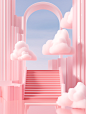 cloud at the end of the stairs on a pink background, in the style of daz3d, monochromatic geometry, minimalist stage designs, columns and totems, sana takeda, minimalist abstracts, neoclassical themes