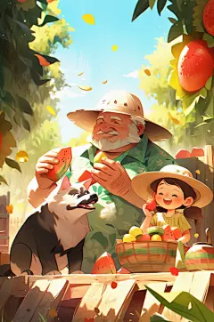 AI数字艺术夏季吃西瓜卡通插画-众图网