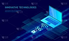5G新型无线网络wifi连接。笔记本移动设备等距蓝色3d平面。全球网络高速创新连接数据速率技术矢量图