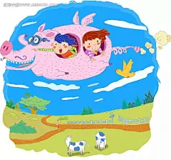 坐在飞天粉猪里开心飞行的两个小朋友白云|草丛|草地|插画|动漫|飞天猪|飞行|卡通|卡通人物|卡通人物图片|开心的|可爱的|蓝天|漫画人物|奶牛|农场|人物|人物素材|人物图片|矢量人物|矢量素材|手绘|树|小男孩|小鸟|小女孩|小朋友