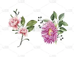 水彩花卉。彩色的花收集与花束的叶子和花。春季或夏季设计的邀请，婚礼或贺卡与手绘