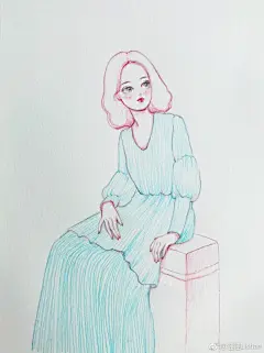 少女水彩插画线稿，一天加一点❤️@小熊猫胖哒 手绘#余生一起画画##小熊猫课堂##水彩插画##水彩##画画# ​​​​