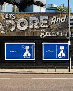 Photo shared by Burberry on October 29, 2024 tagging @burberry. 可能是包含下列内容的图片：招牌、展示柜、海报和电话线杆.