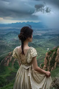 户外郊游美丽女孩背影
