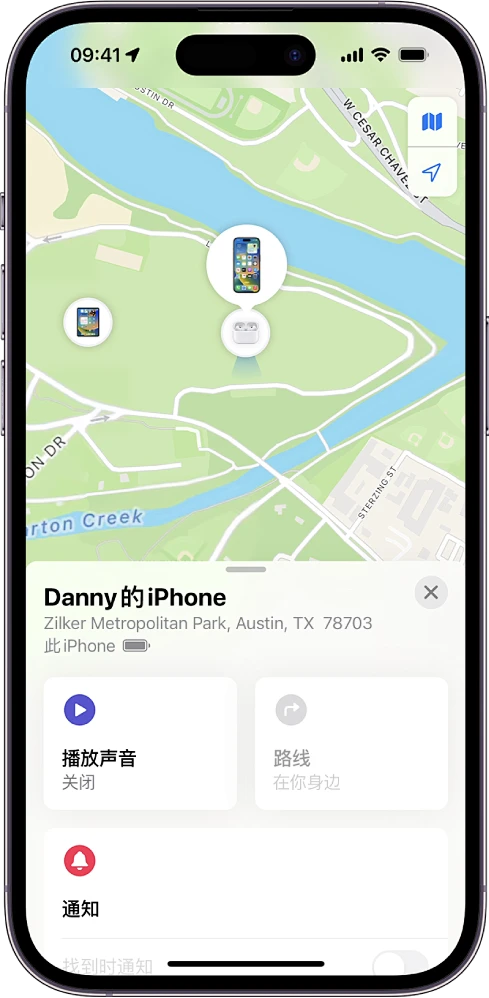 “查找”屏幕顶部显示地图上的 iPhone 位置。-花瓣网
