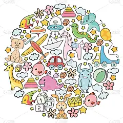 矢量图案与儿童玩具。幼儿园元素在涂鸦风格的小孩。教育、游戏、成长