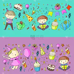 生日派对幼儿园的孩子们画派对邀请男孩和女孩，糖果和气球，礼物和礼物
