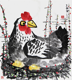画儿晴天采集到鸡年插画-鸡年水墨画-鸡主题画