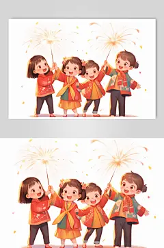 AI数字艺术新年春节龙年福娃放鞭炮插画